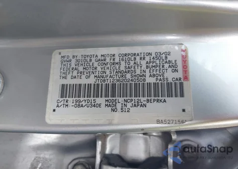 2002 Toyota Echo from USA, damaged, VIN JTDBT123620240508